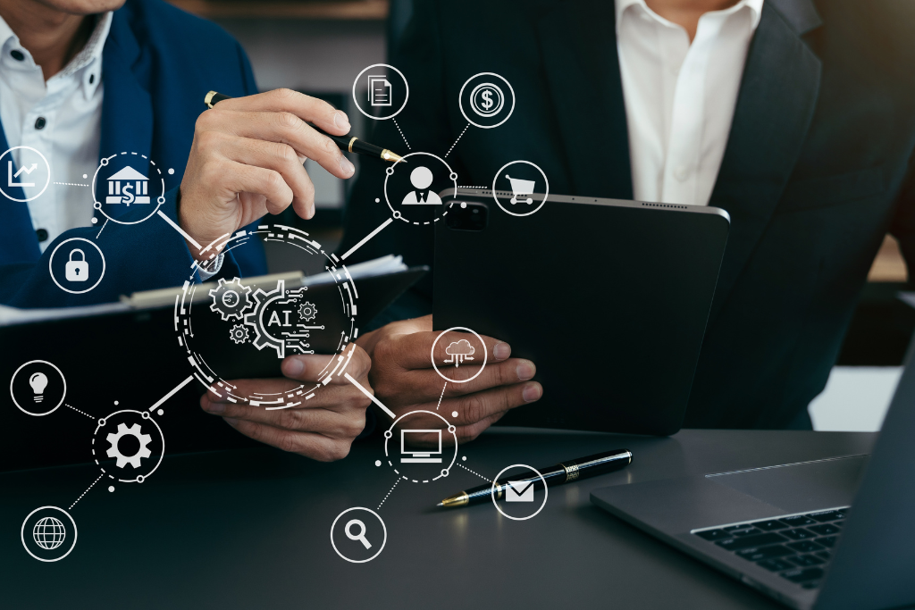 business leaders pointing at holograms