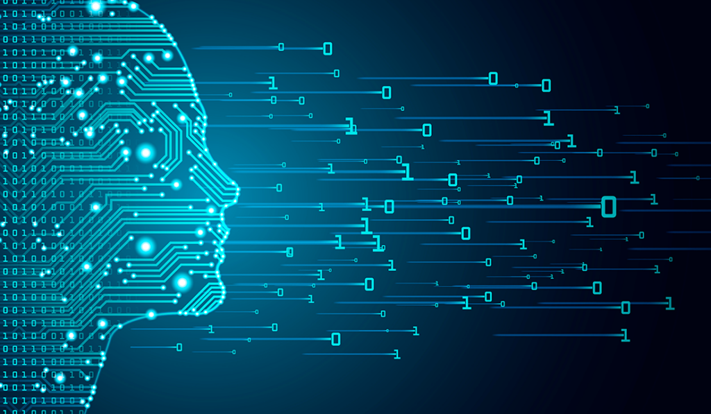 The shape of a human head in zeros and ones