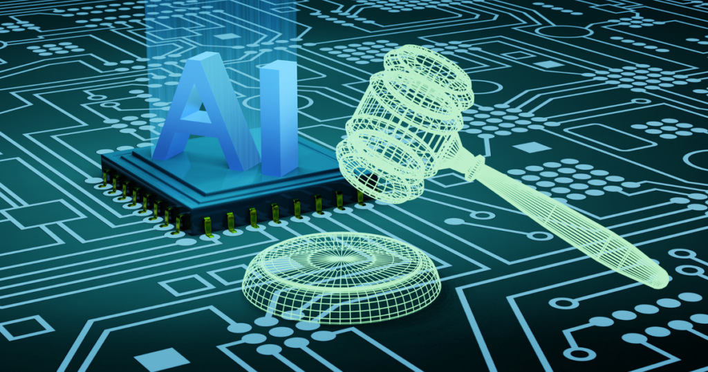 hologram of a judge's hammer withe the phrase "AI" under the spotlight