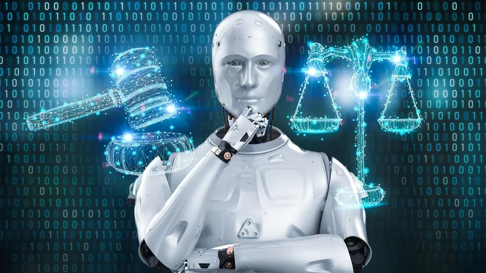 Robot with hand on it's face, contemplating, with a hologram of a judge hammer in front of it. 