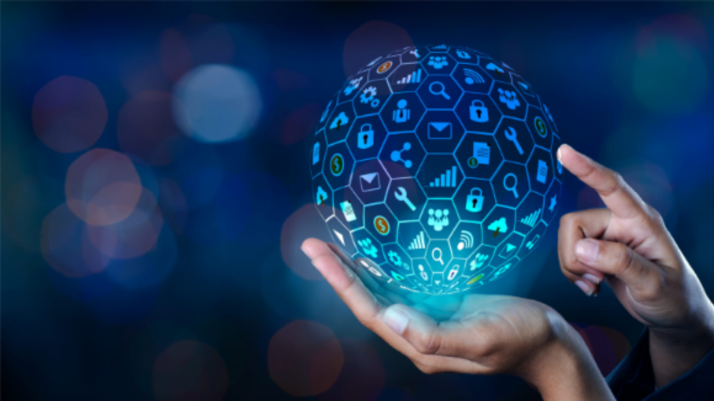 finger pointing at hologram of new technology