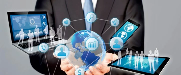 holograms on top of a laptop, ipad and iphone showing new systems