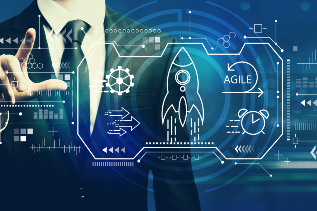Businessman interacting with digital interface featuring a rocket launch and agile symbols, representing agile enterprise architecture acceleration.