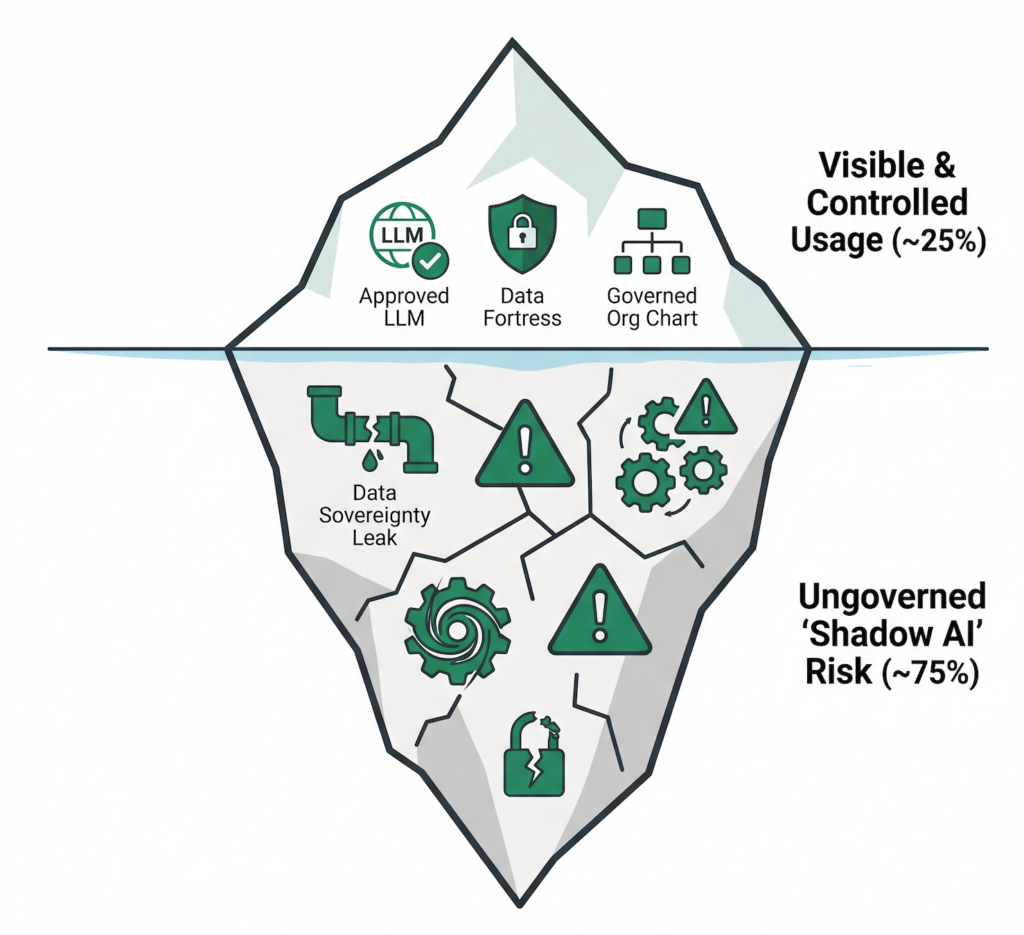 Iceberg metaphor illustrating the visibility gap between formal AI adoption and Shadow AI risk in Australian regulated industries.